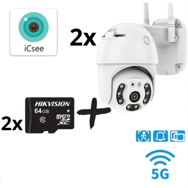 2бр. IP въртяща безжична камера 5MPX- 4+4LED + 2бр. SD карта 64gb iCsee