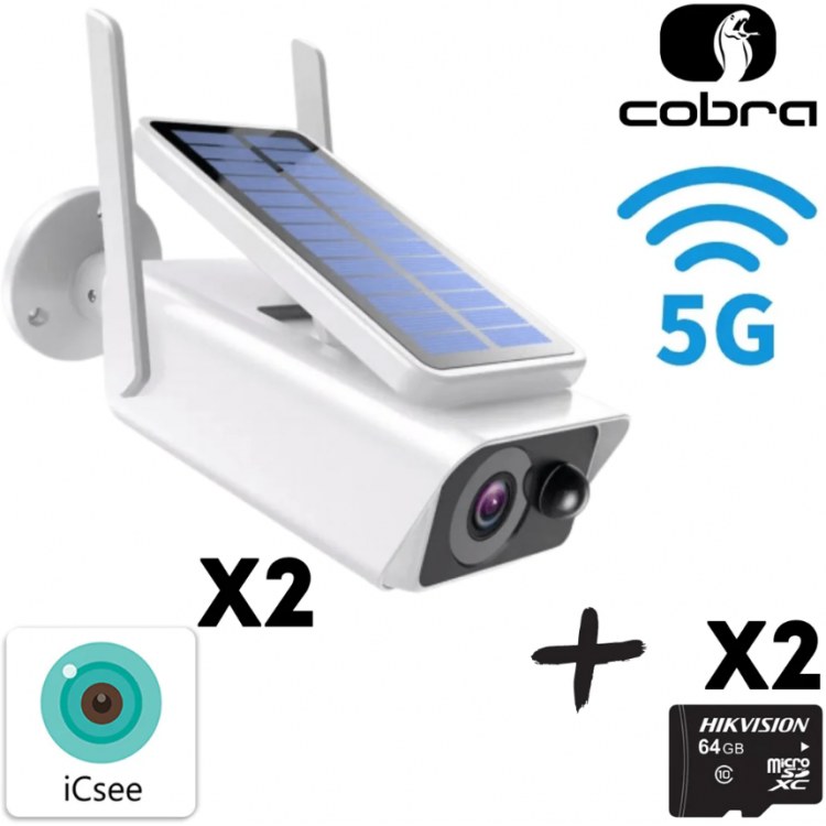 2бр. Соларна водоустойчива WIFI камера 5MP full HD + 2бр. SD карта памет 64GB
