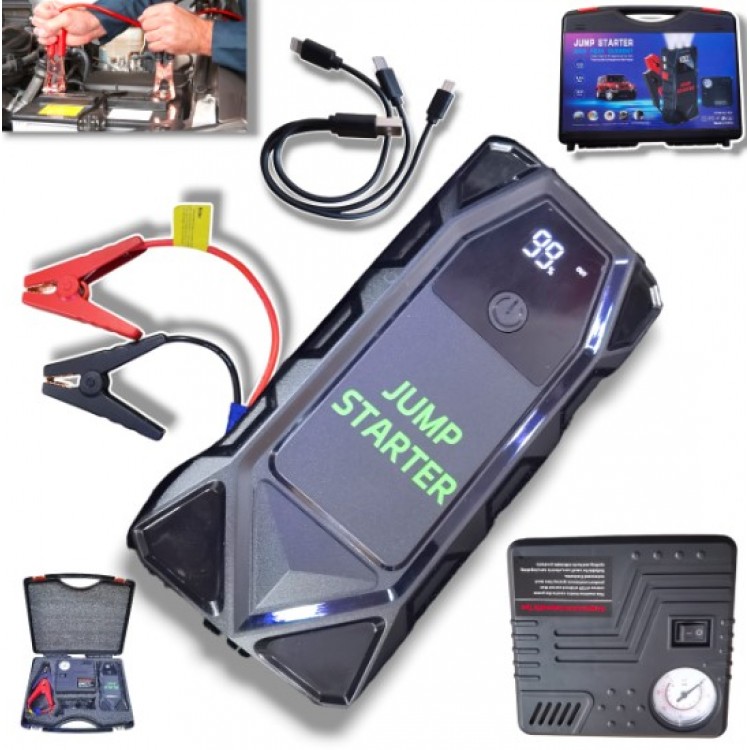 Стартерен Бустер за Автомобил Външна Батерия POWER BANK 12V JUMP STARTER Стартер за Акумулатор Бустер за Подаване на Ток с Фенер